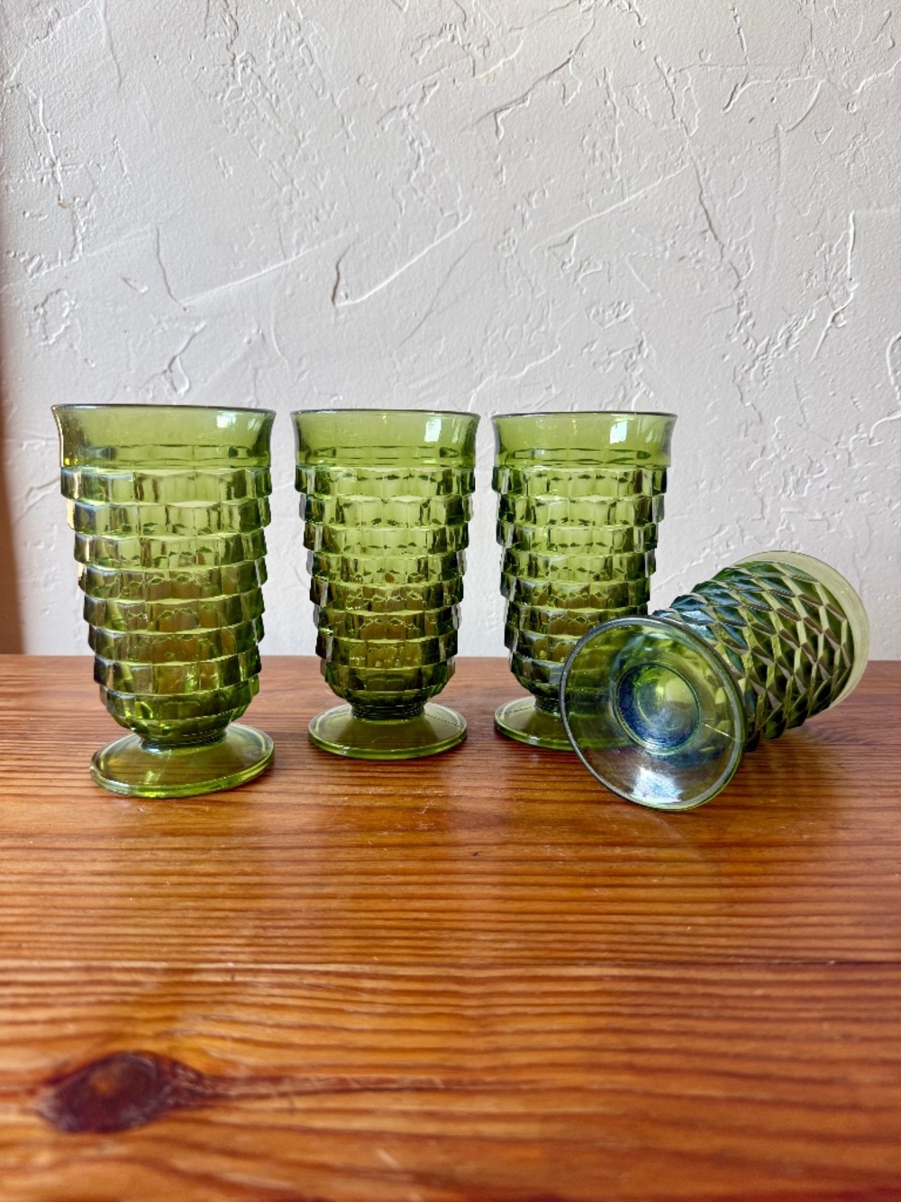 Indiana Glass Whitehall Cubist Olive Green Footed Tumblers Set of 4 - Picture 2 of 15